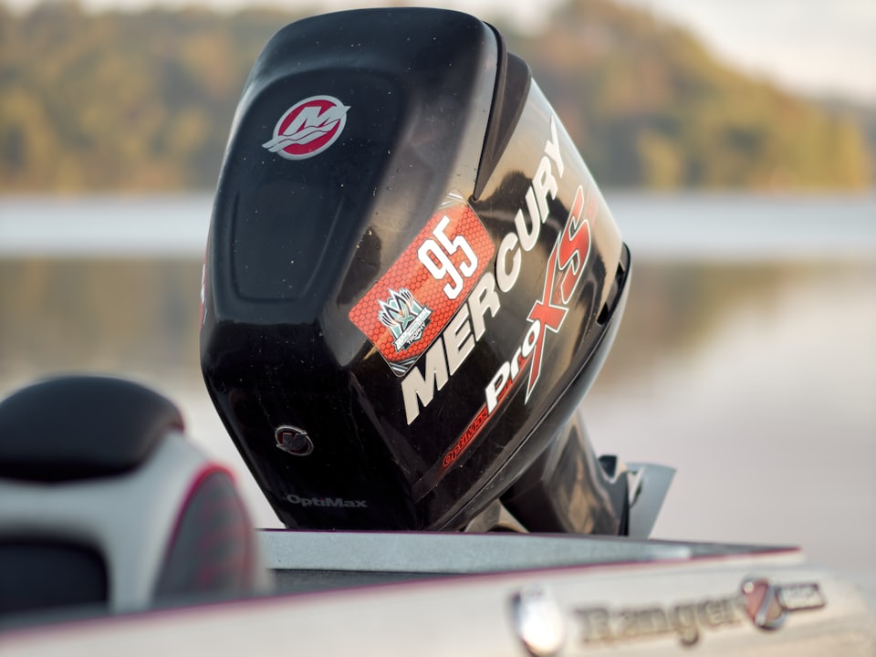 A large outboard engine mounted on the transom of a boat